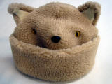 Tan berber super warm kitty cat hat with black nose and yellow eyes