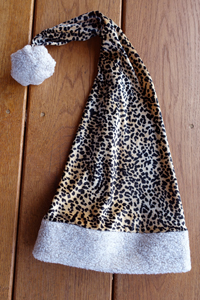 two foot long cheetah fleece santa hat
