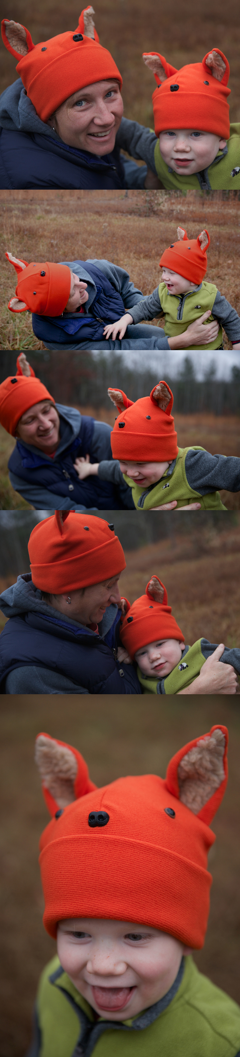 Polar fleece childrens adult and infant fox face hats.   What does a fox say?